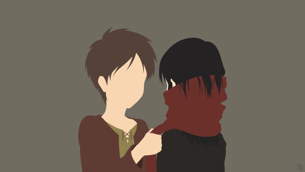 Minimalist vector art of Eren Yeager and Mikasa from Attack on Titan with muted earth tones Wallpaper