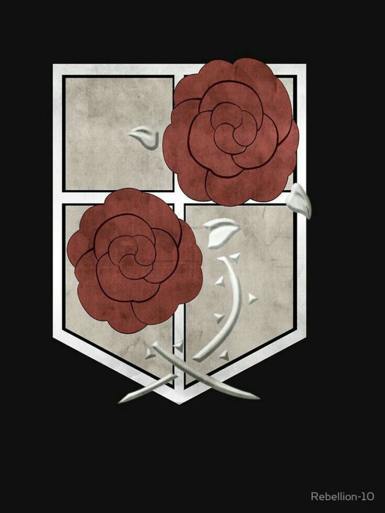 Minimalist Attack on Titan wallpaper with Garrison Regiment shield embossed with red roses on white background