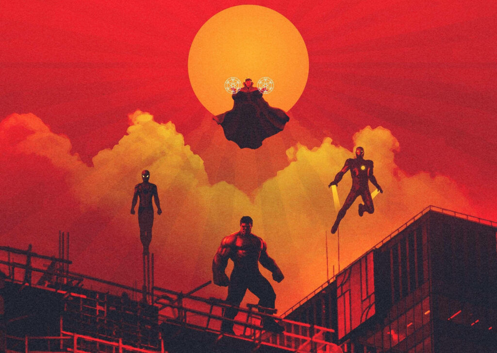 Minimalist Avengers Wallpaper: Silhouettes Against Bold Red Yellow Sky