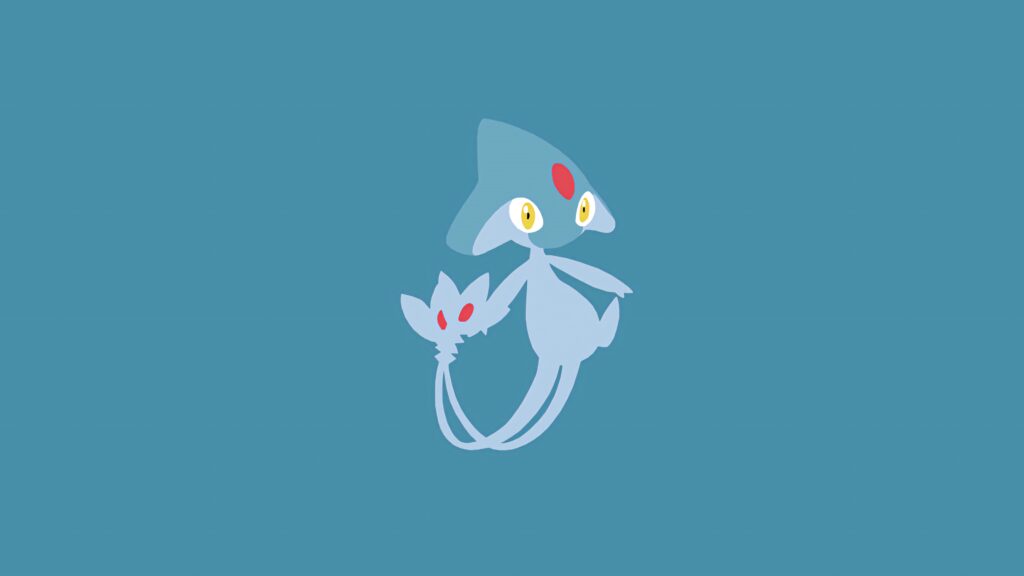 Minimalist Azelf Pokémon wallpaper with soft blue and gray tones on a clean blue background