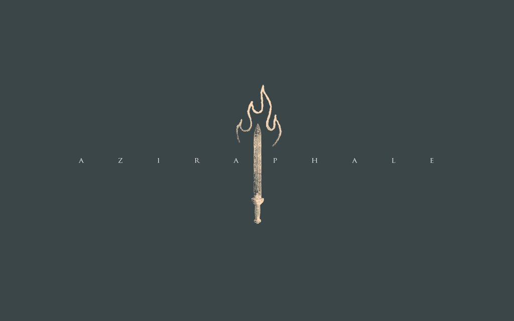 Minimalist Good Omens wallpaper with Aziraphale flaming sword on dark slate background desktop art