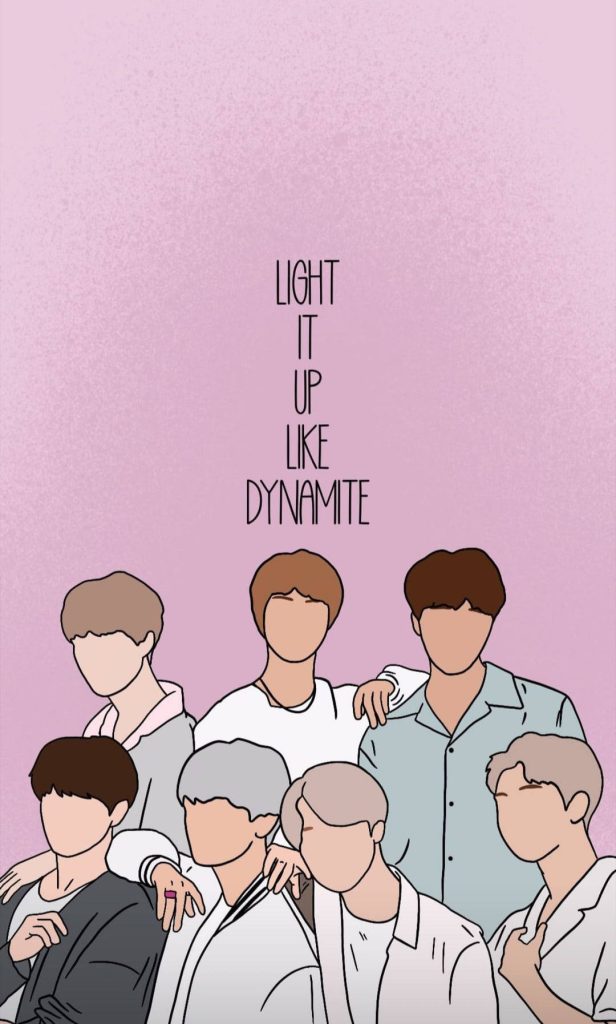 Minimalist BTS wallpaper with seven faceless cartoon members on soft purple background lyrics