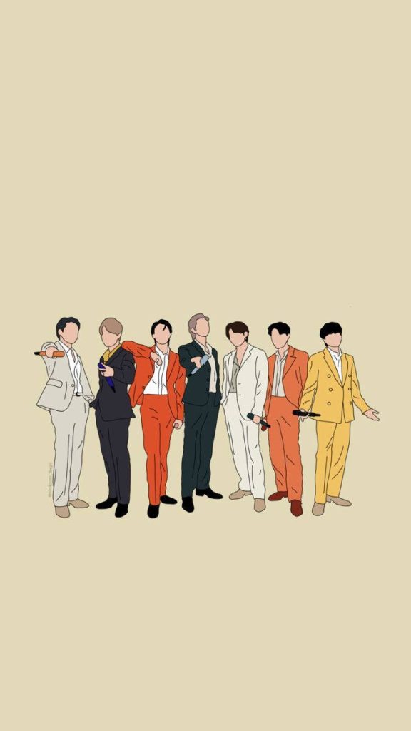 Minimalist BTS Dynamite wallpaper with all seven members in iconic suits on cream background