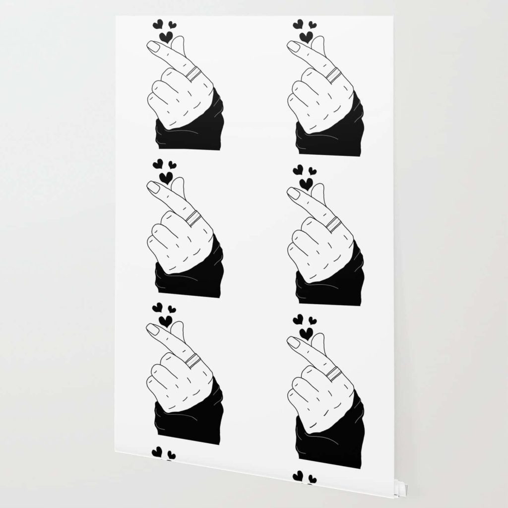 Minimalist BTS finger heart wallpaper black and white line art hand with ring and hearts background