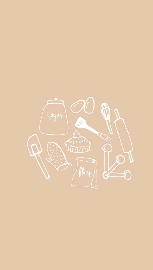 Minimalist baking wallpaper with hand-drawn kitchen doodles on tan background for bakers