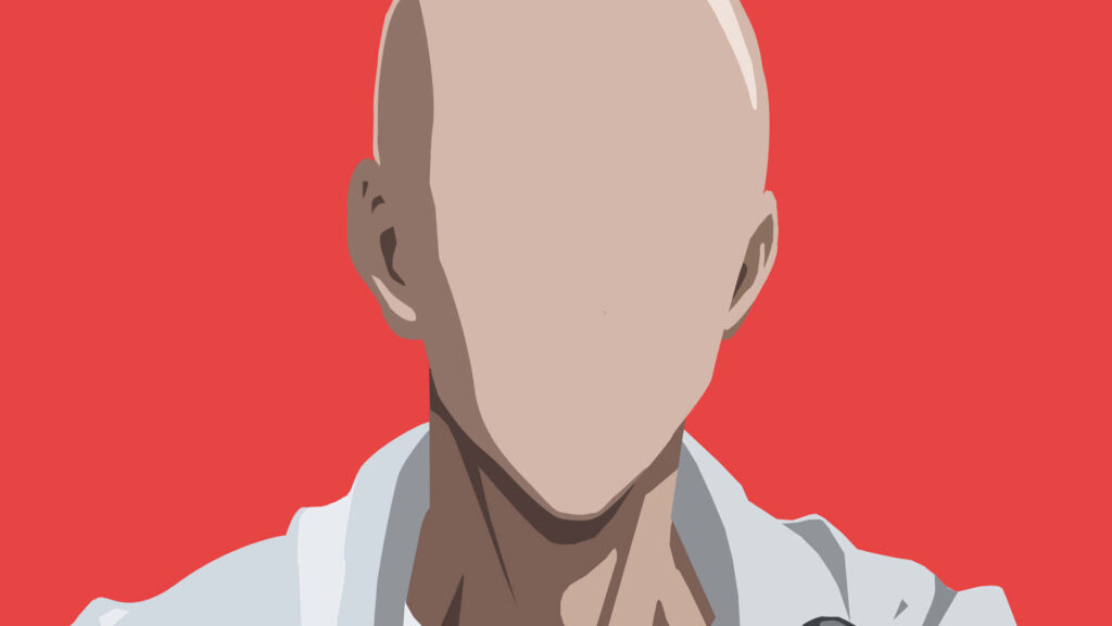 Minimalist Bald Face Illustration on Vibrant Red Background Wallpaper