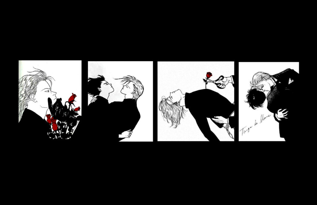 Minimalist Banana Fish comic collage with black and white character art and red roses wallpaper