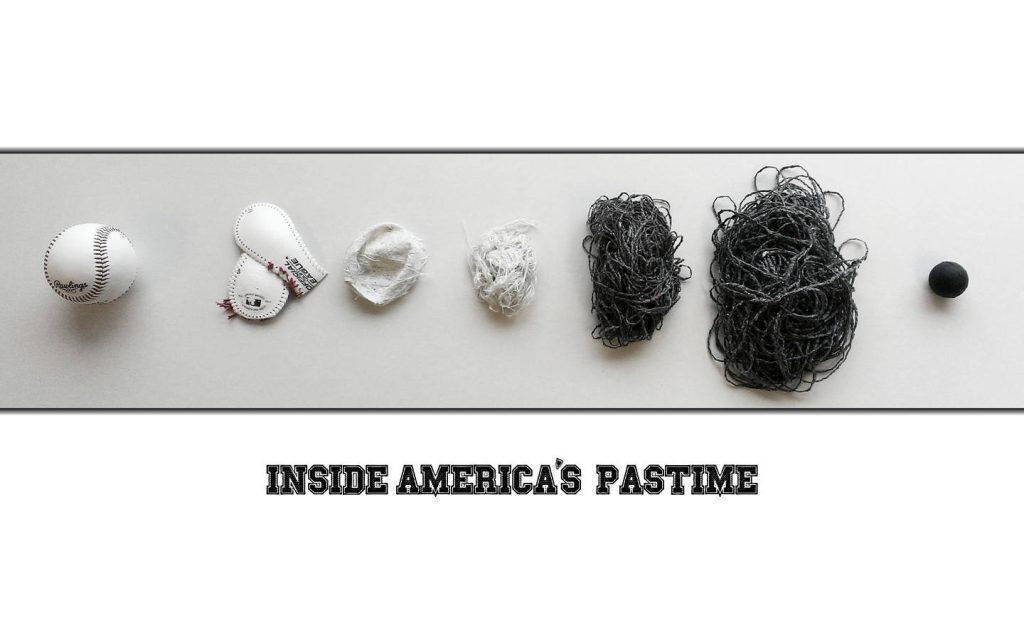 Deconstructed Rawlings baseball layers showing leather cover yarn windings and solid core background Wallpaper