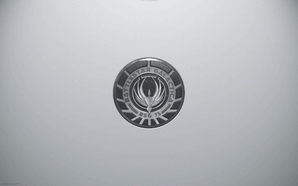 Minimalist Battlestar Galactica wallpaper with BSG 75 emblem centered on light gray background