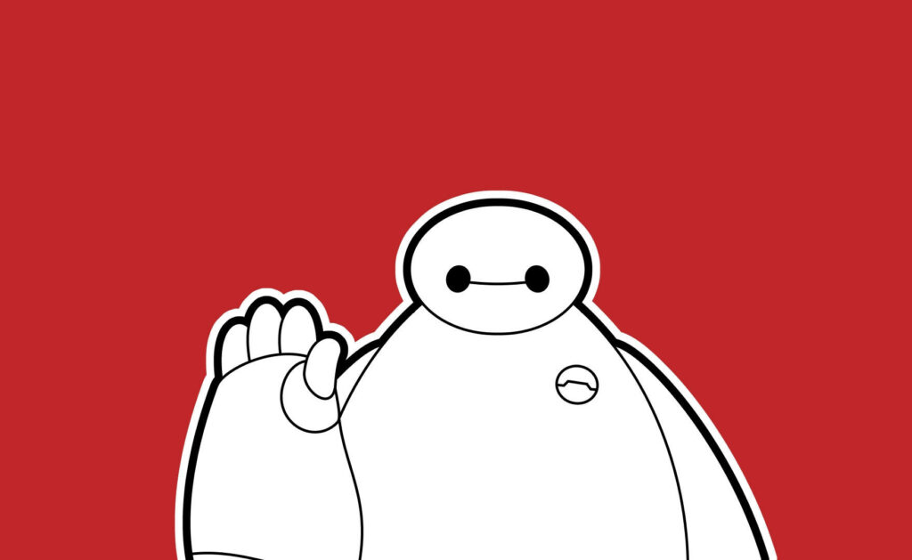 Minimalist vector art of Baymax waving friendly on bold red background wallpaper design