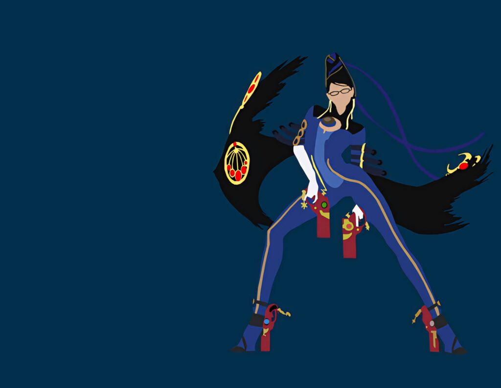 Minimalist Bayonetta wallpaper featuring iconic pose and outfit on dark blue background