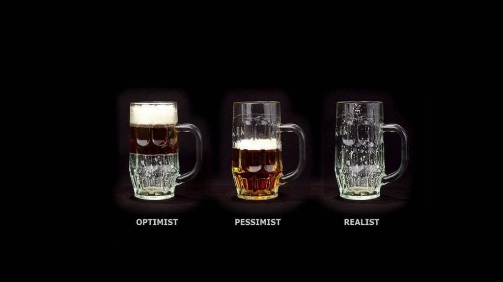 Minimalist beer wallpaper with three glass mugs labeled Optimist full Pessimist half Realist empty on black background