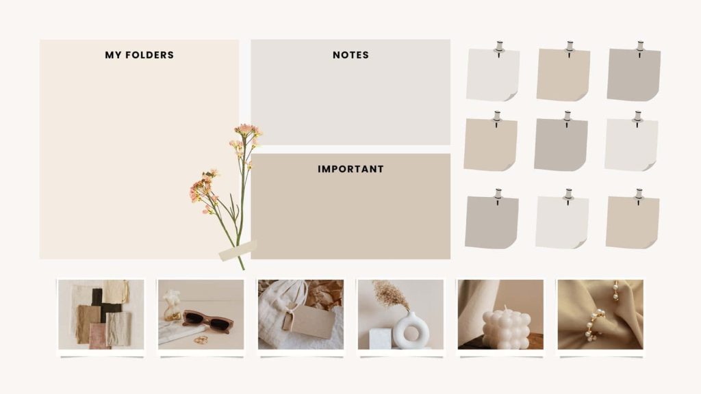 Minimalist beige desktop organizer wallpaper with folders notes tasks and photo frames background