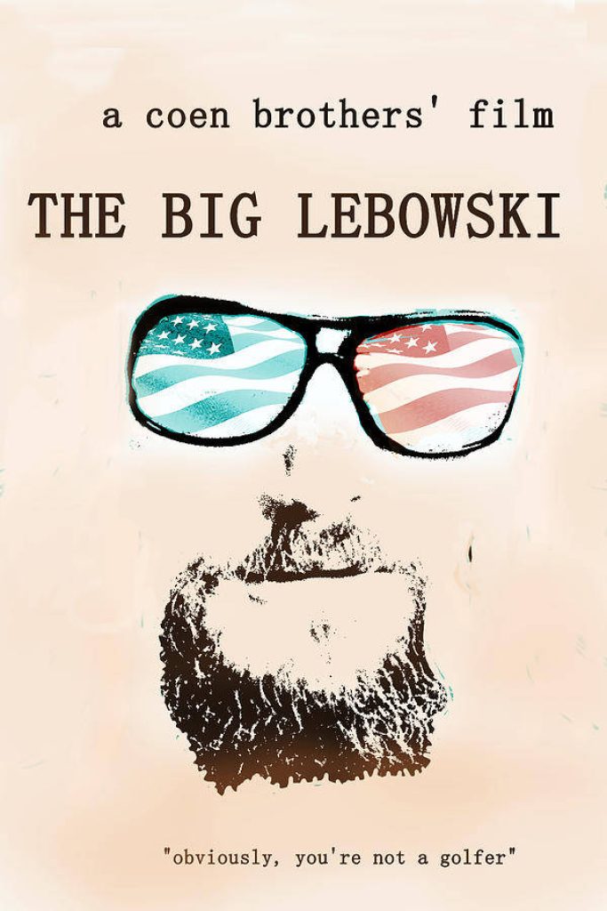 Minimalist Big Lebowski illustration with bearded man sunglasses reflecting American flag quote wallpaper