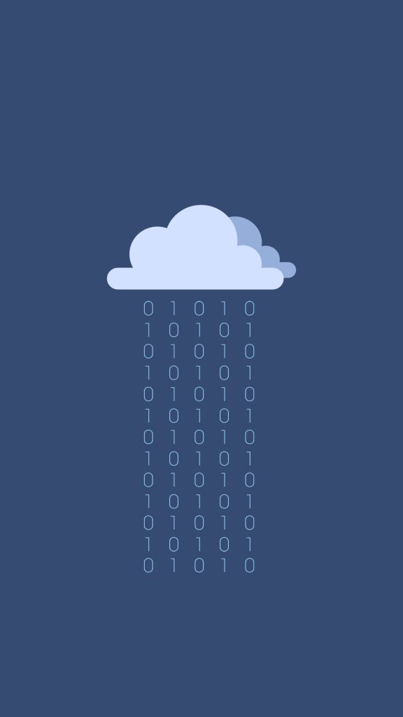 Minimalist binary rain wallpaper with light blue cloud and cascading code on dark background