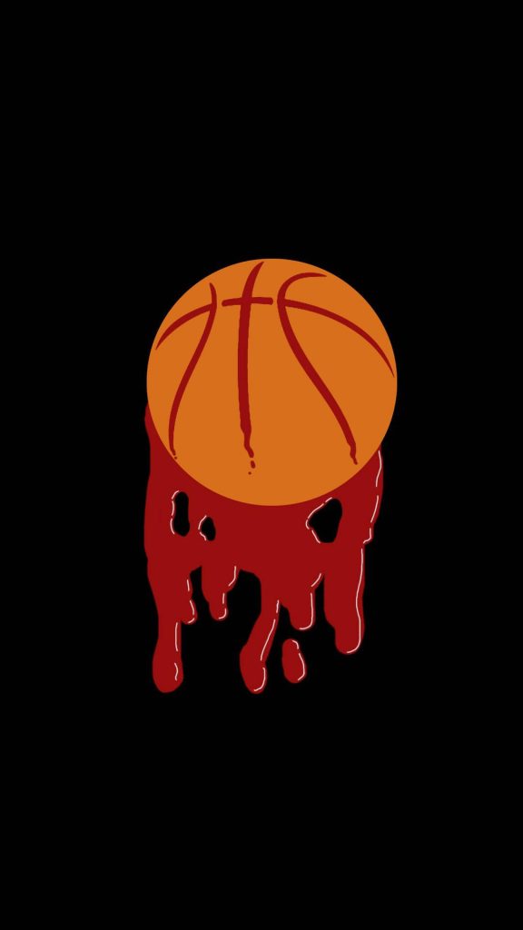 Minimalist black basketball wallpaper with stylized orange ball and bold red drip effect background