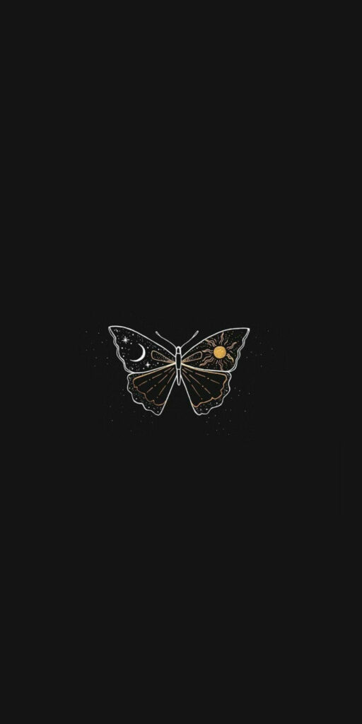 Minimalist Black Butterfly Wallpaper with Moon & Sun on Dark Background