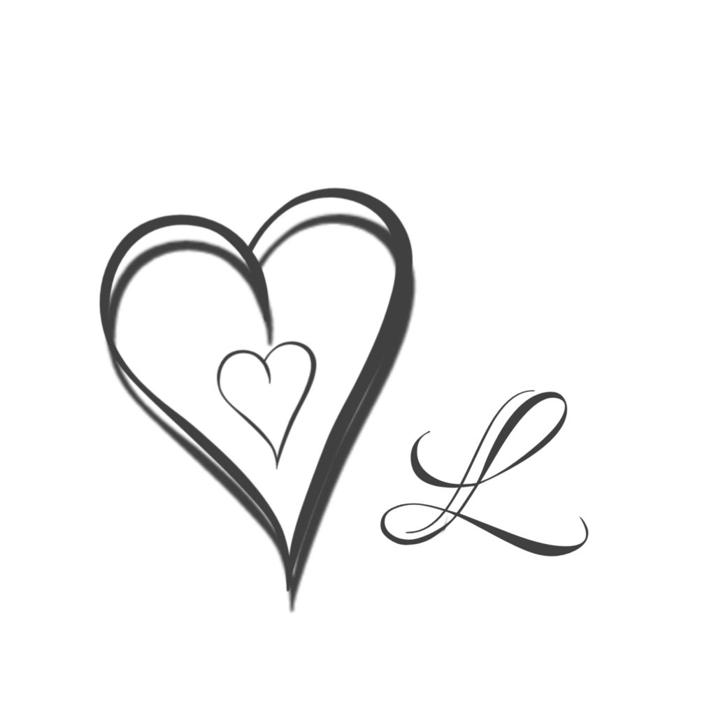 Minimalist black calligraphic L with hand-drawn heart on white digital art wallpaper background