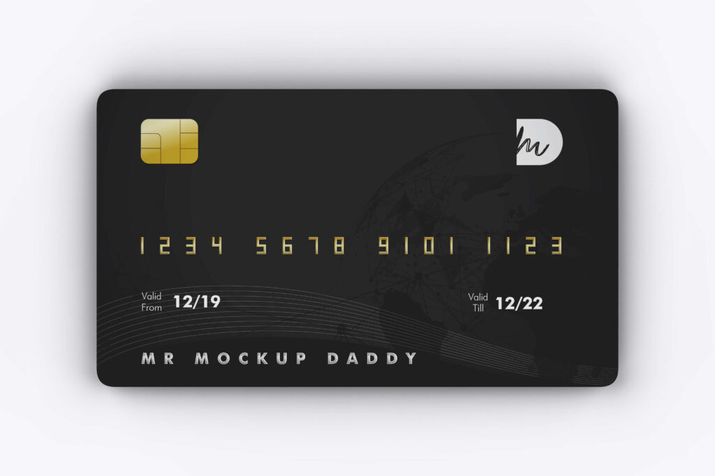 Sleek black credit card mockup with geometric patterns golden embossed numbers modern logo Wallpaper