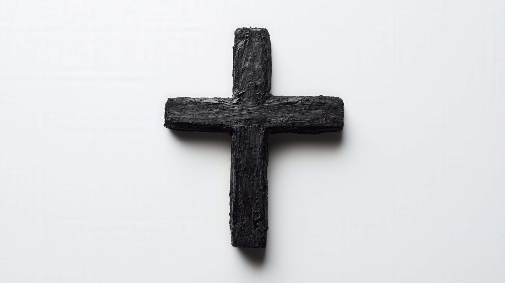 Minimalist worship wallpaper with textured black cross on white background for spiritual screens