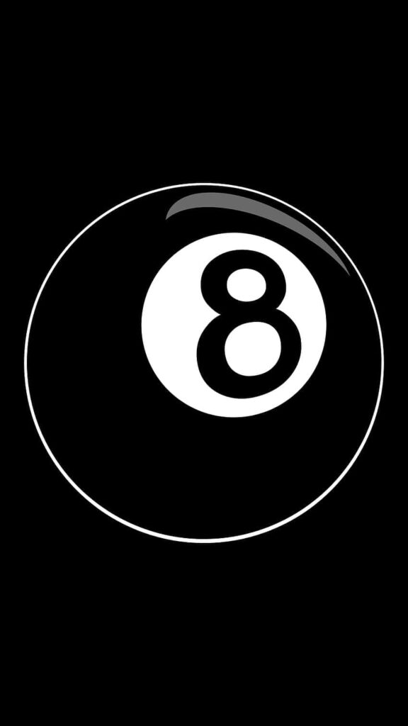 Minimalist black eight-ball wallpaper with white highlights on deep black background billiards theme