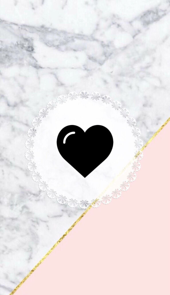 Minimalist Black Heart Wallpaper on Elegant Marble & Pink Lace