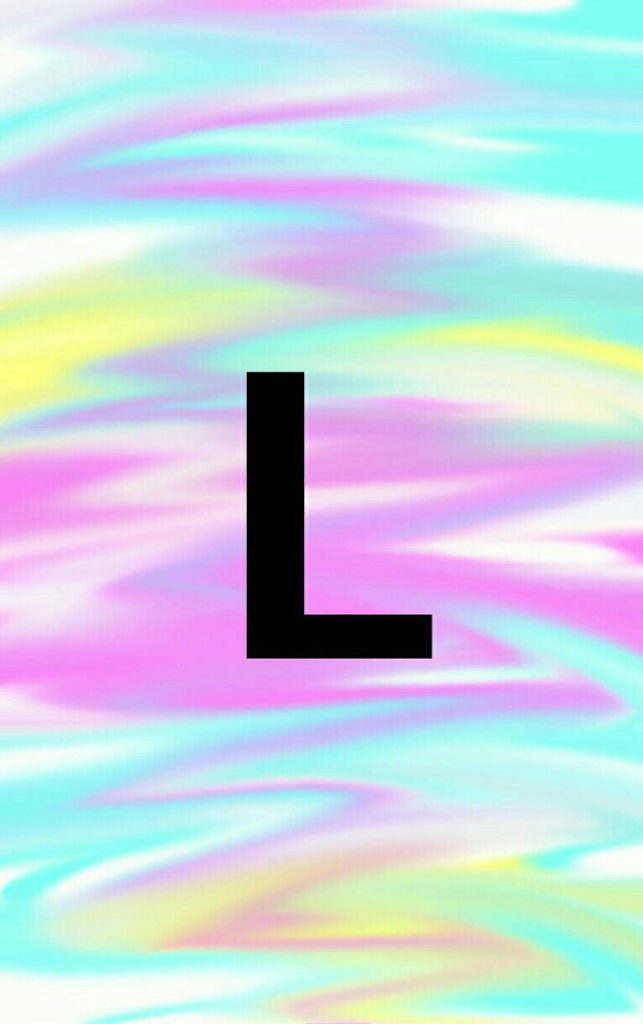 Minimalist wallpaper with bold black letter L on abstract pastel pink yellow blue swirl background
