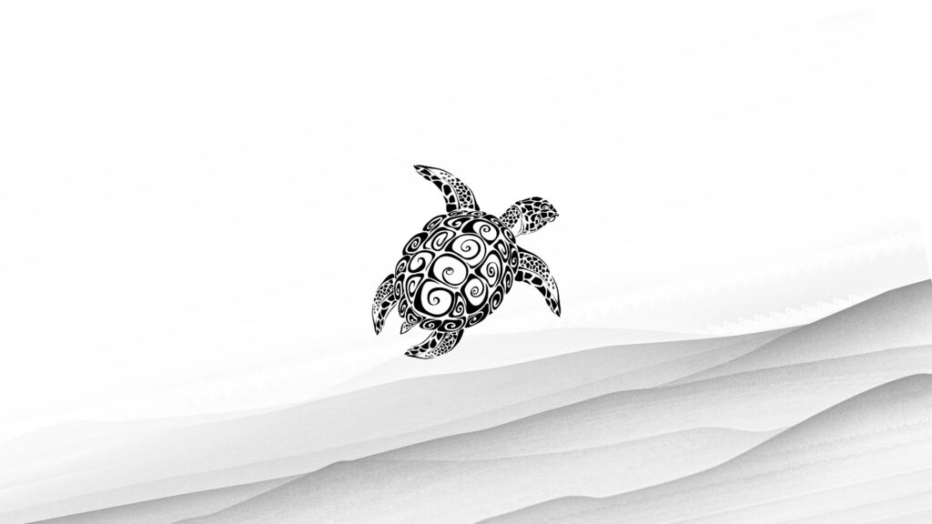Minimalist black turtle with tribal patterns on soft monochrome gentle wave background wallpaper