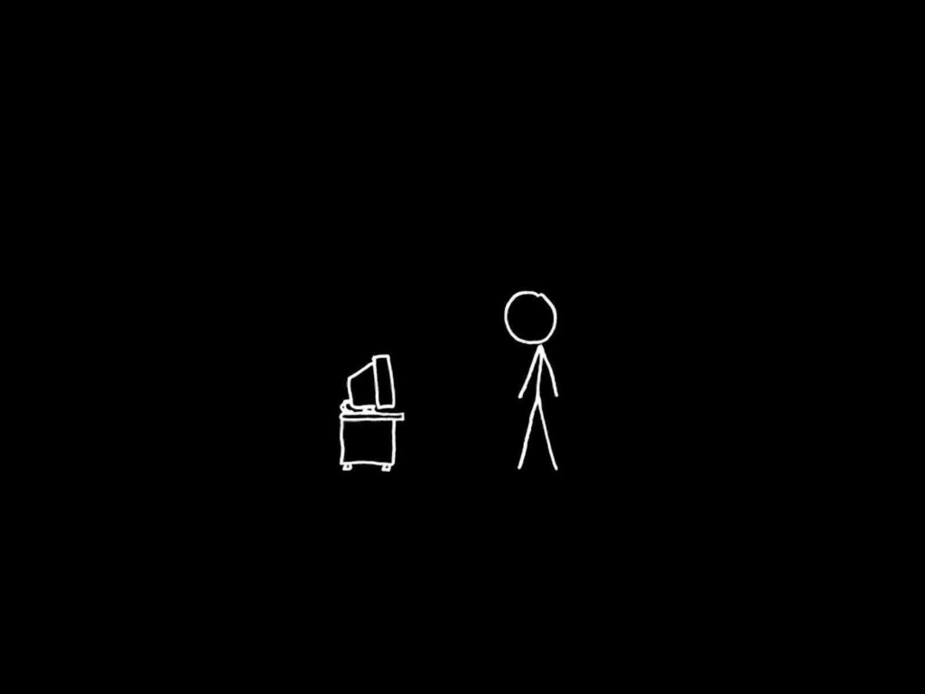 Minimalist Black Background with Stick Figure & CRT Computer Wallpaper