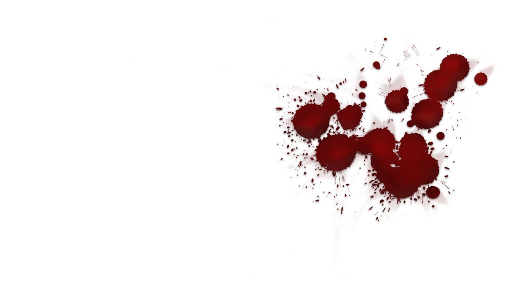 Minimalist digital wallpaper with deep red blood splatter on clean white background design