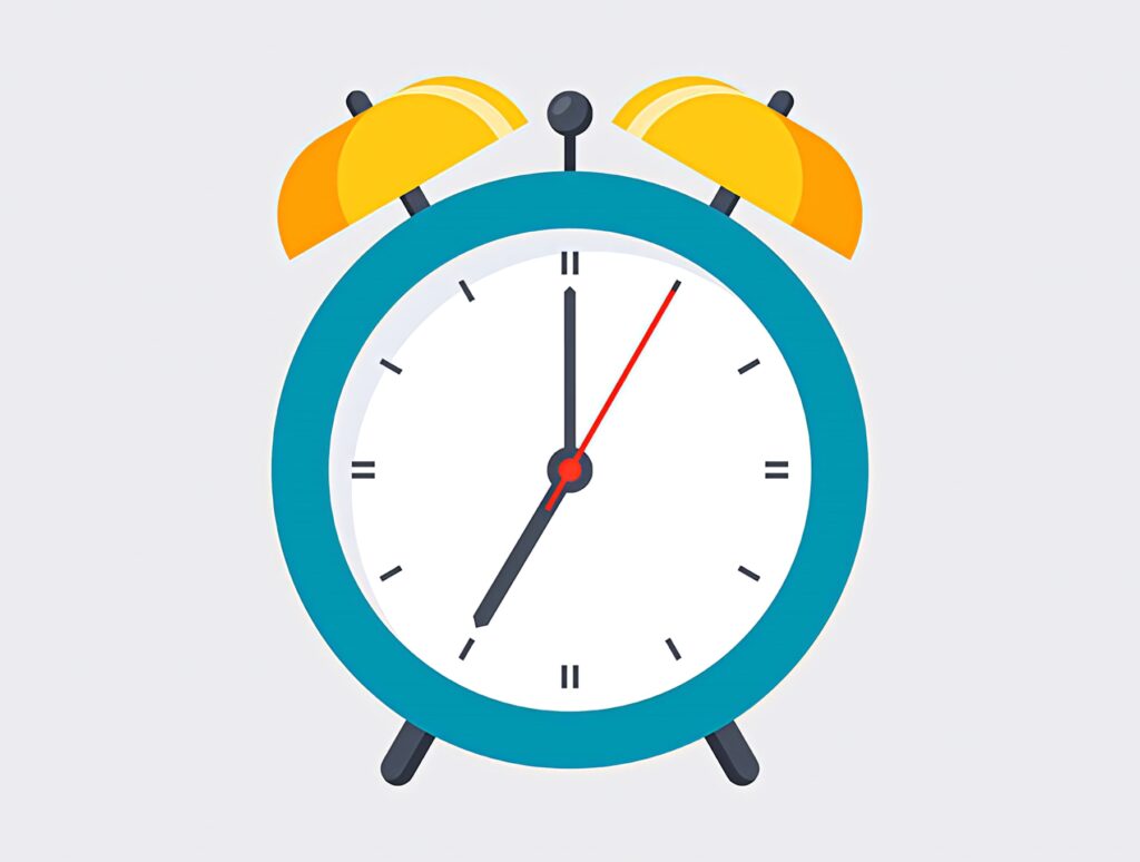 Minimalist classic alarm clock wallpaper with blue frame yellow bells on white background