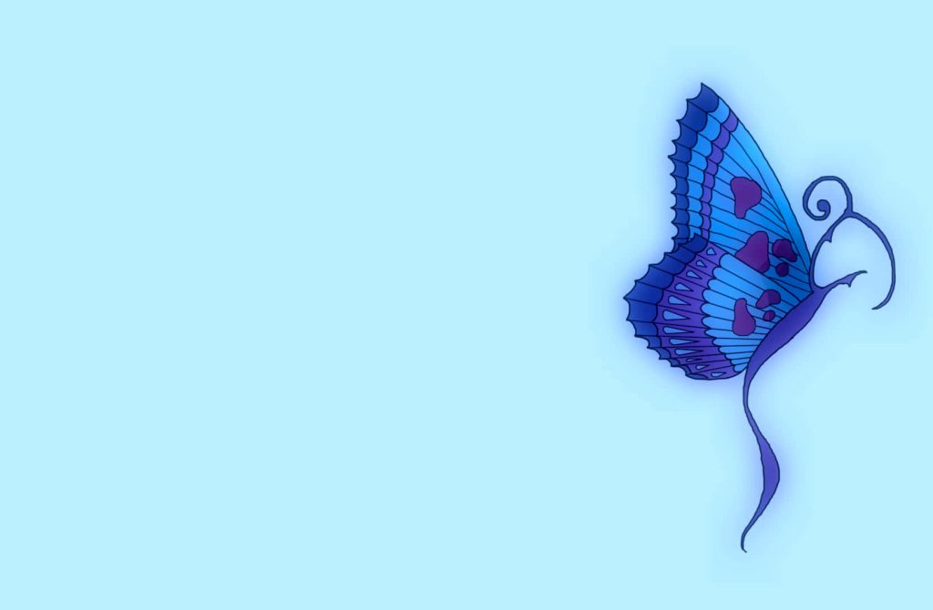 Minimalist digital art of a stylized creature with delicate blue butterfly wings on blue background Wallpaper