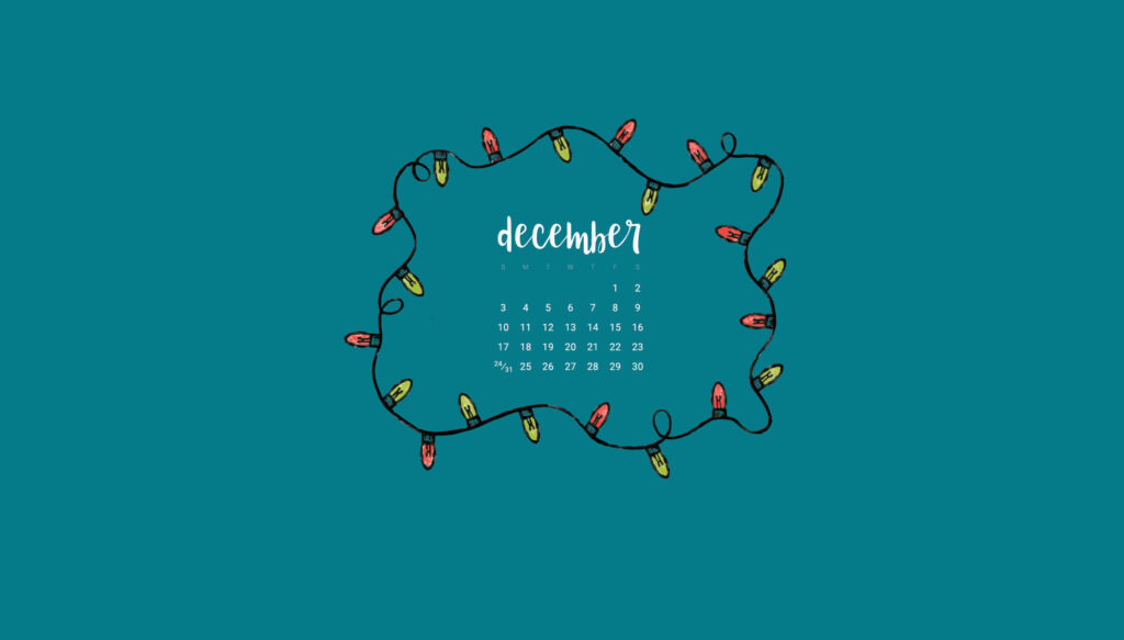 Minimalist blue December calendar wallpaper with hand-drawn colorful holiday lights frame