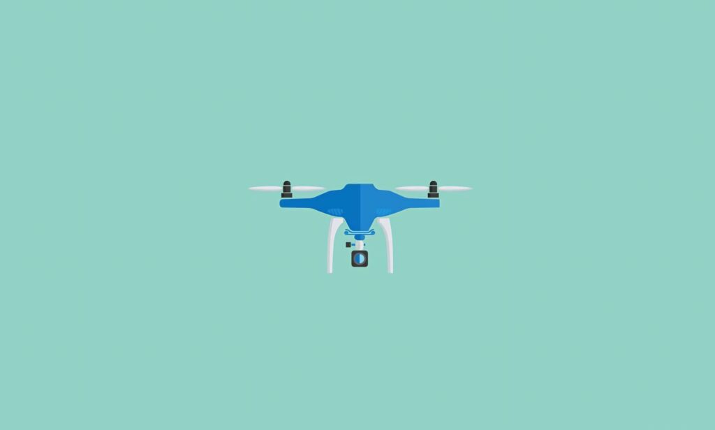 Minimalist blue drone with camera on mint green background modern tech wallpaper design