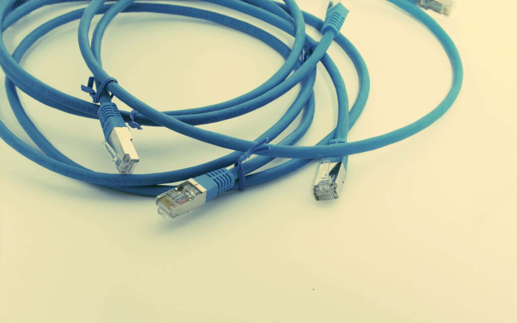 Close-up of blue Ethernet cables with clear connectors on pale background modern network tech wallpaper