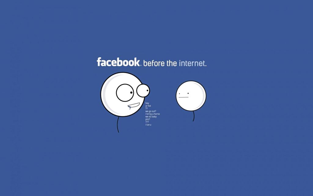 Minimalist Facebook wallpaper with blue background stick figures chatting before internet era cartoon