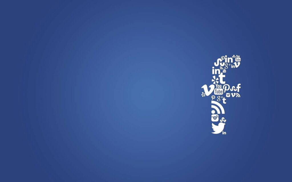 Minimalist Facebook wallpaper with blue background and creative F logo of social media icons