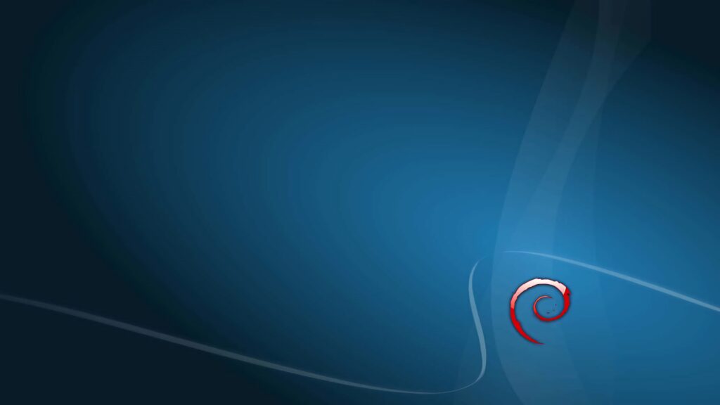 Minimalist Debian wallpaper with smooth blue gradients and red swirl logo in bottom right corner