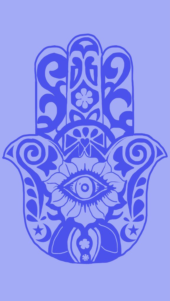 Minimalist Hamsa hand wallpaper with blue floral motifs and central protective eye design