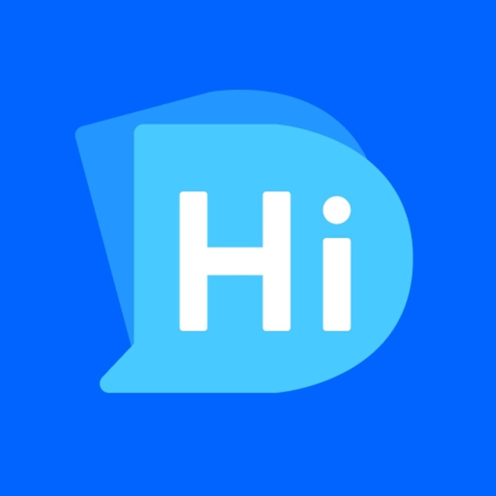 Minimalist digital wallpaper with white Hi in light blue speech bubble on vibrant blue background