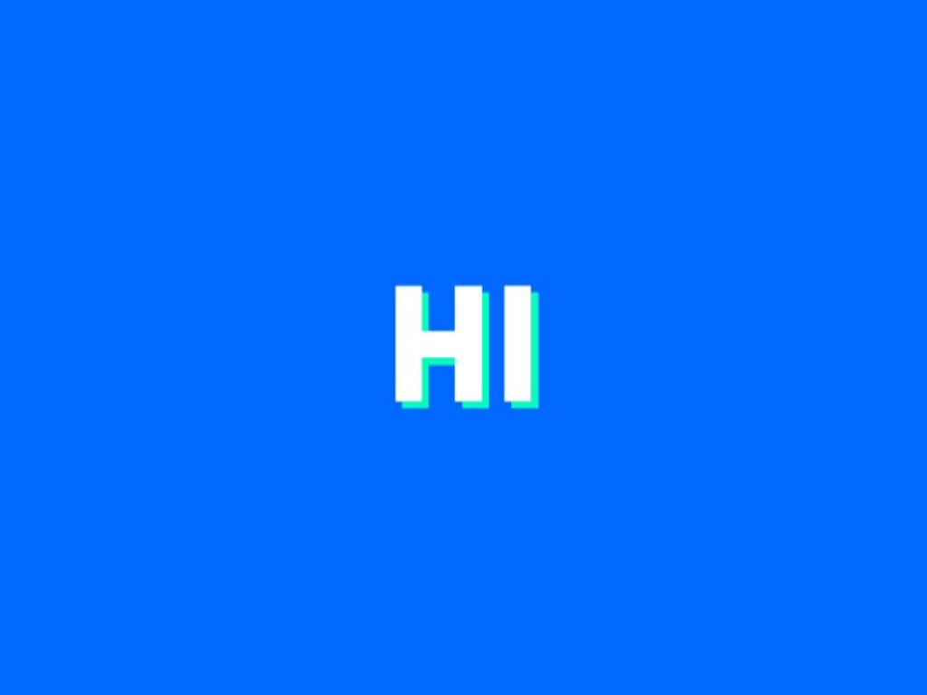Minimalist digital wallpaper with bold white HI text and cyan shadow on vibrant blue background
