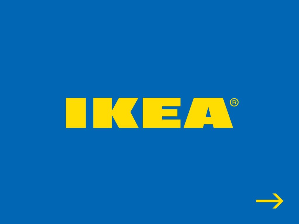 Blue wallpaper with yellow IKEA logo and arrow minimalist digital design desktop background