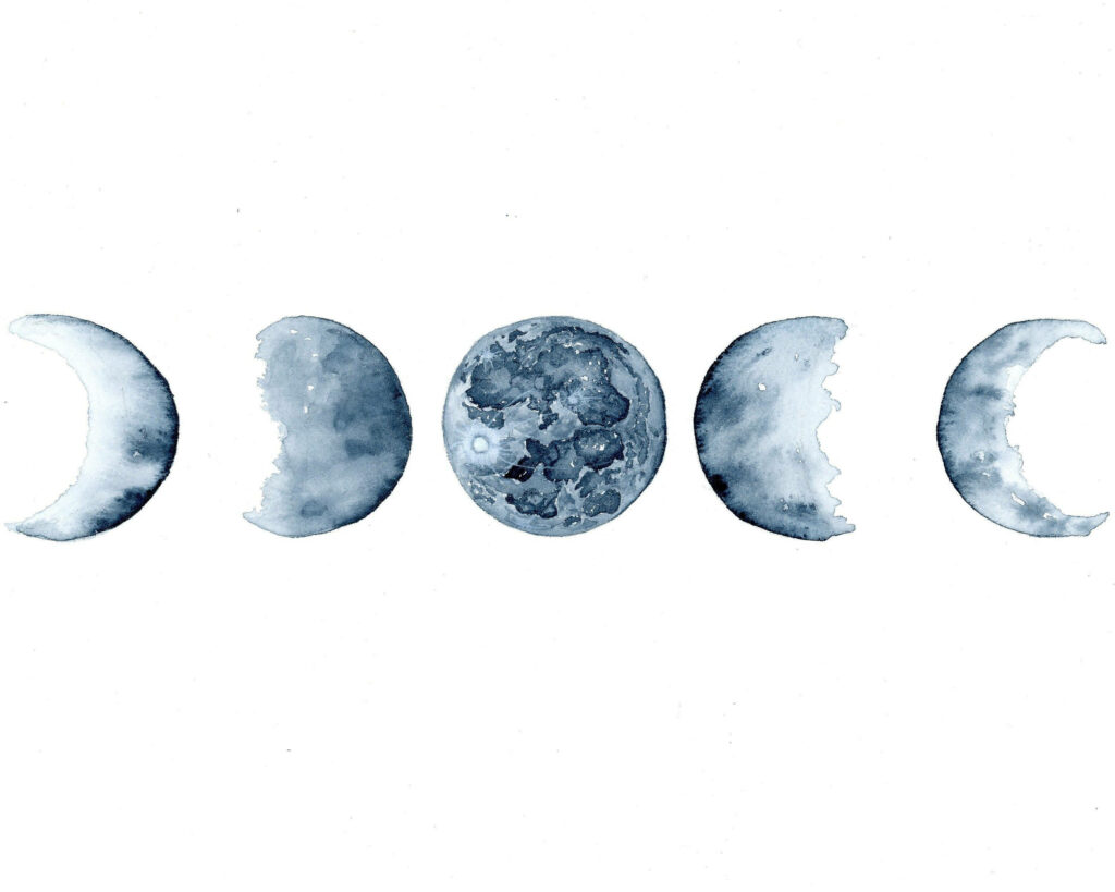 Minimalist Blue Moon Phases Watercolor Wallpaper Background