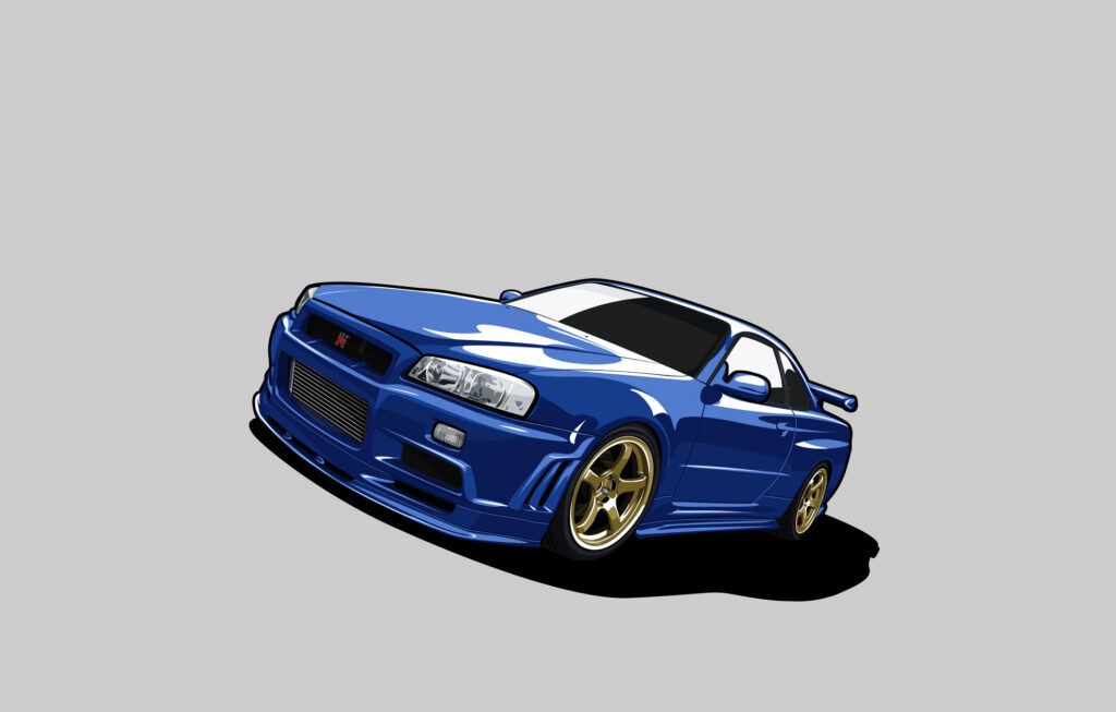 Minimalist Blue Nissan Skyline GT-R R34 Wallpaper on Gray Background