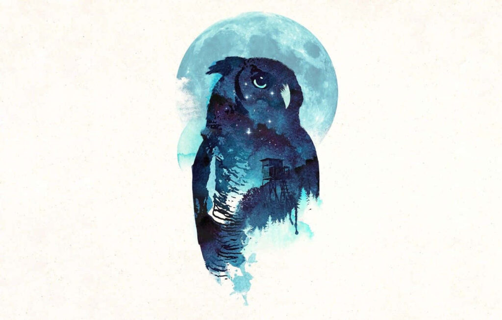 Serene Blue Owl Wallpaper with Moon Silhouette - Minimalist Design