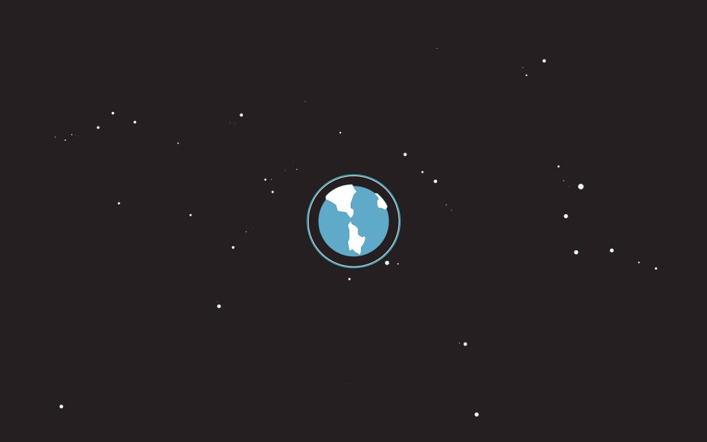 Minimalist digital illustration of a blue planet with white continents on a black starry background Wallpaper