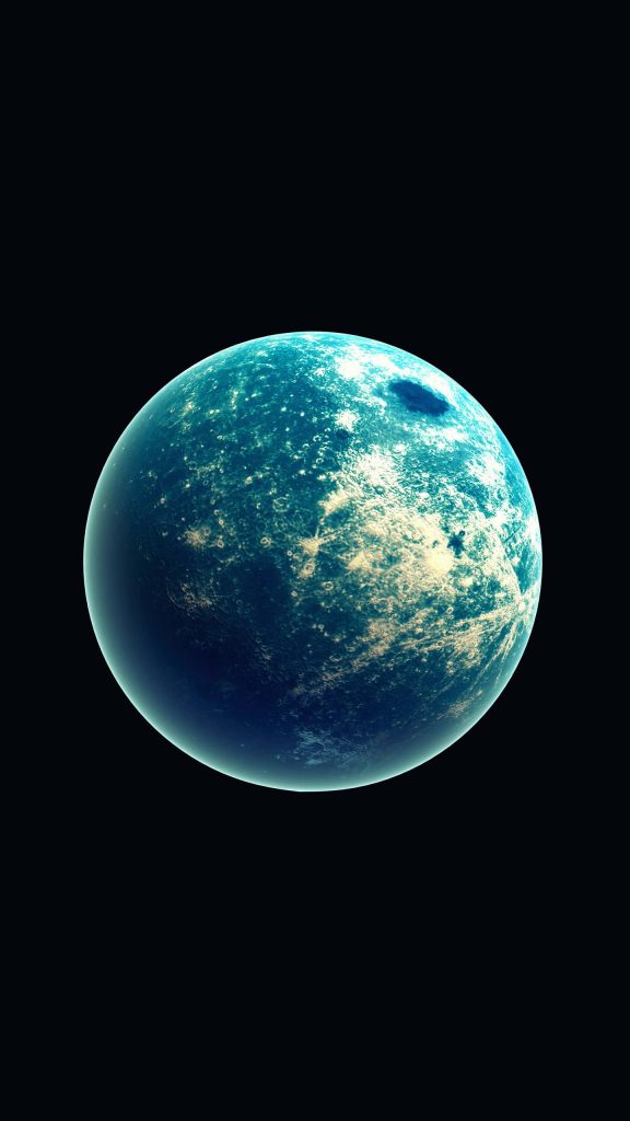 Minimalist textured blue planet with craters on black background modern cosmic wallpaper