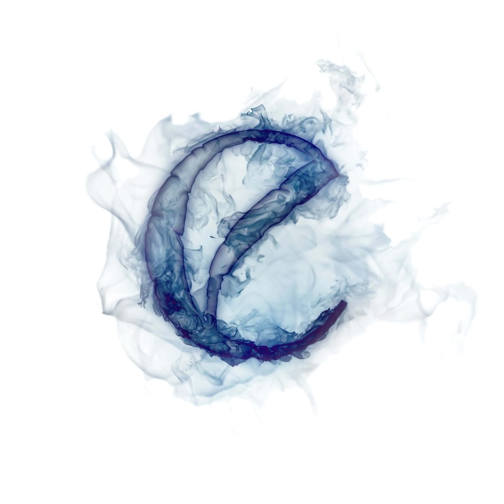 Minimalist wallpaper with lowercase e and ethereal blue smoke on white background abstract art