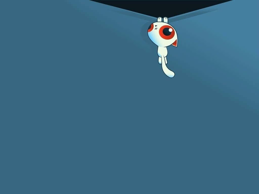 Whimsical Minimalist Blue Wallpaper with Playful White Cat Character