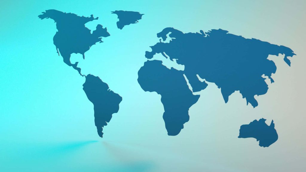 Minimalist blue world map wallpaper with deep blue continents on turquoise gradient background